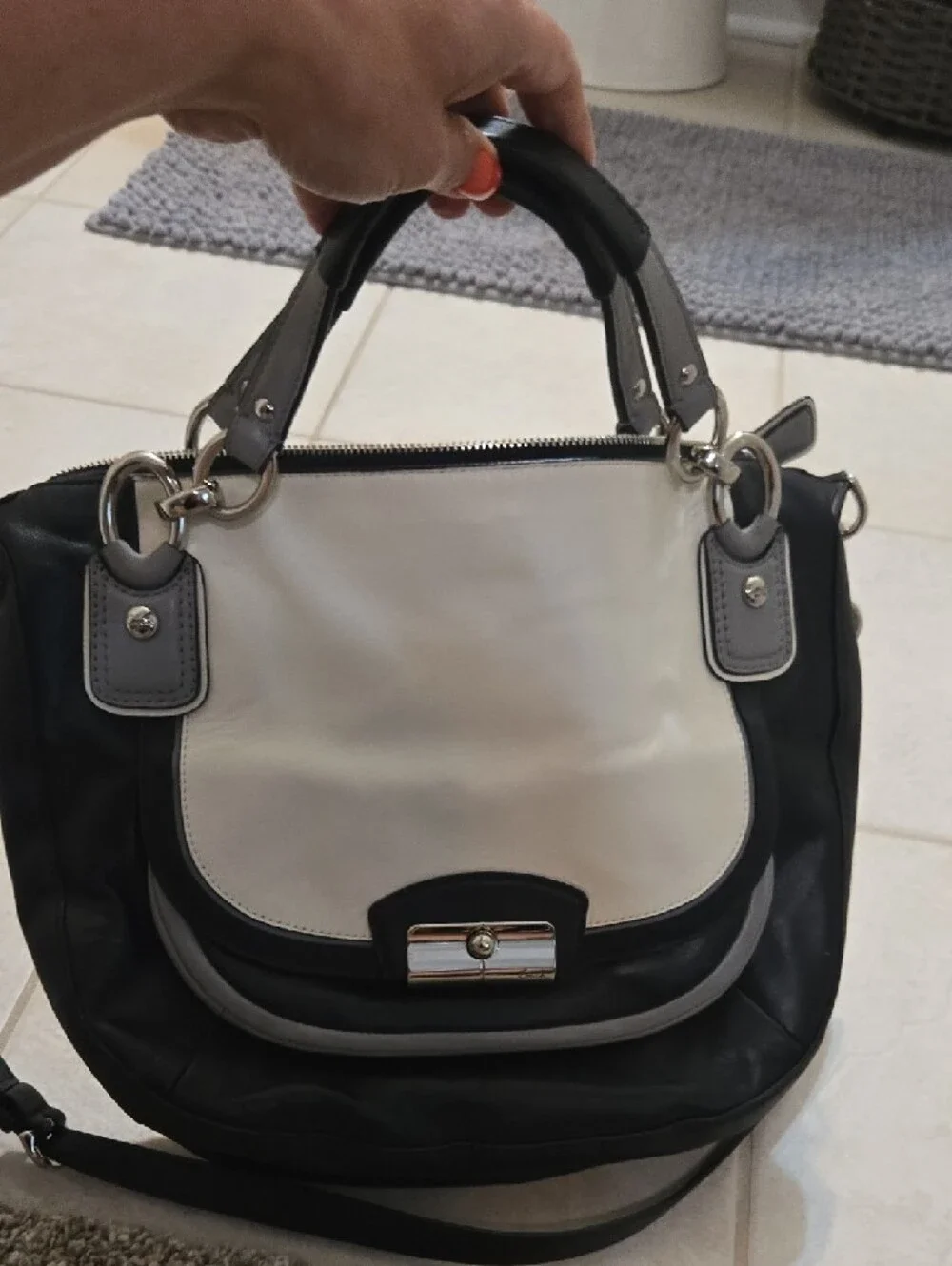 Coach Two-Tone Black and Cream Shoulder Bag with Silver Hardware